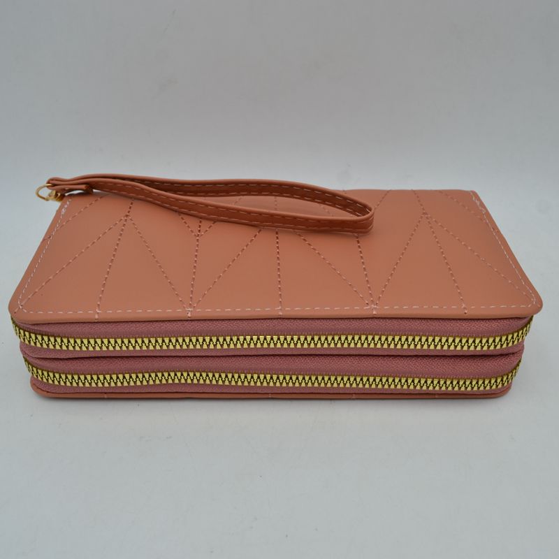 Geometric Stitched Double Zipper Wallet with Wristlet Strap - Blush - Wallets