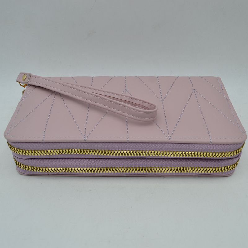 Geometric Stitched Double Zipper Wallet with Wristlet Strap - Lavender - Wallets
