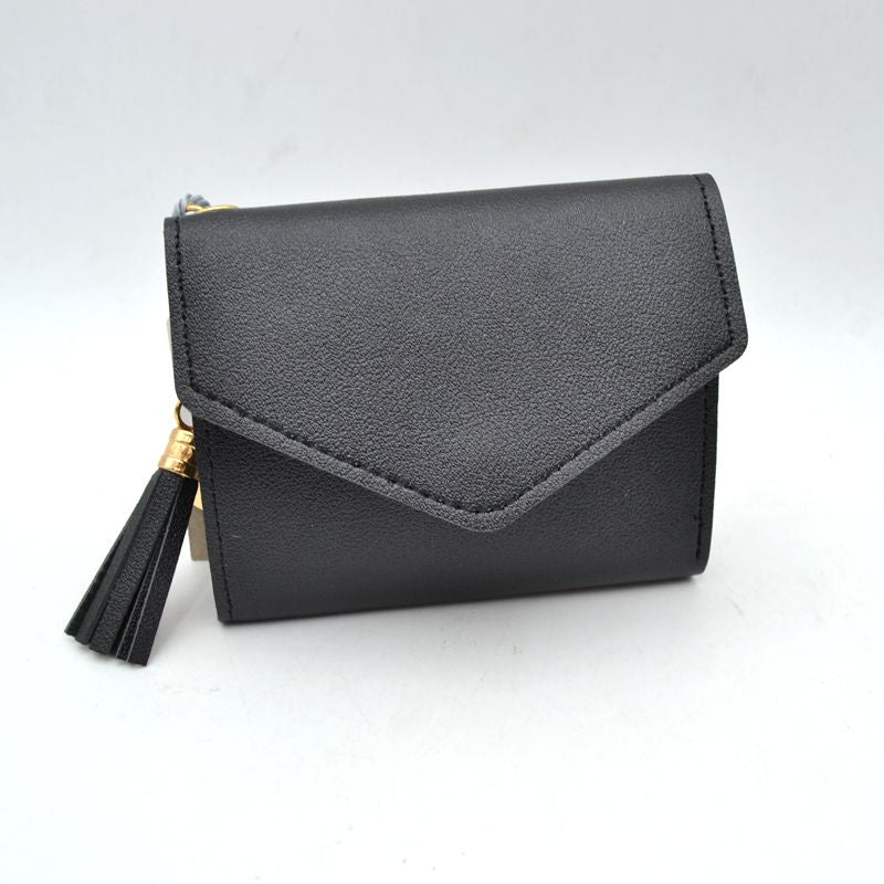 Envelope Flap Compact Wallet with Tassel Charm - Black - Wallets