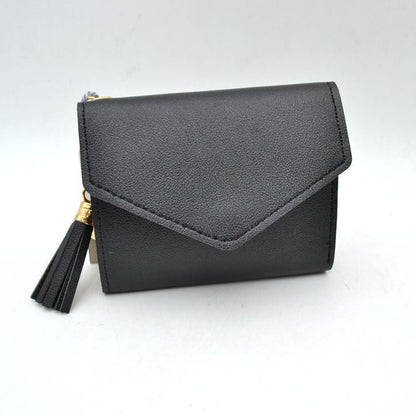 Envelope Flap Compact Wallet with Tassel Charm - Black - Wallets