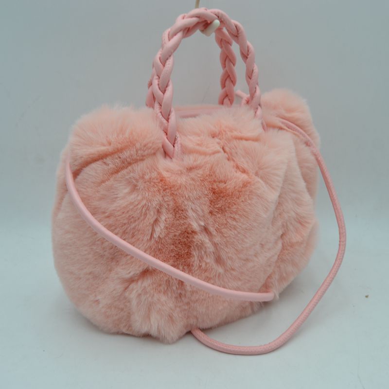Plush Faux Fur Bucket Handbag with Braided Handles and Long Strap - Blush - Bucket Bag