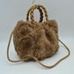 Plush Faux Fur Bucket Handbag with Braided Handles and Long Strap - Coffee - Bucket Bag