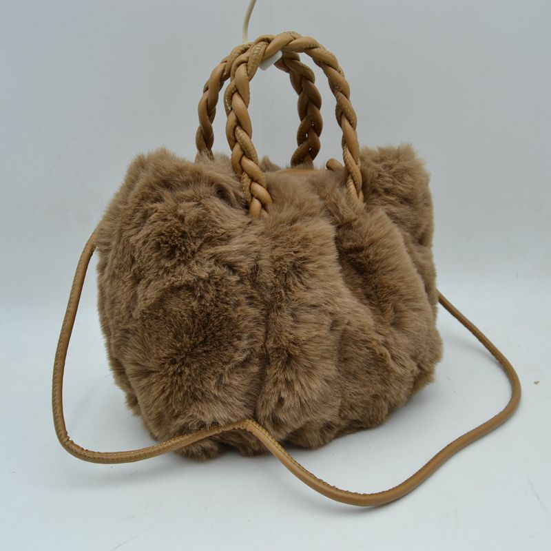 Plush Faux Fur Bucket Handbag with Braided Handles and Long Strap - Coffee - Bucket Bag
