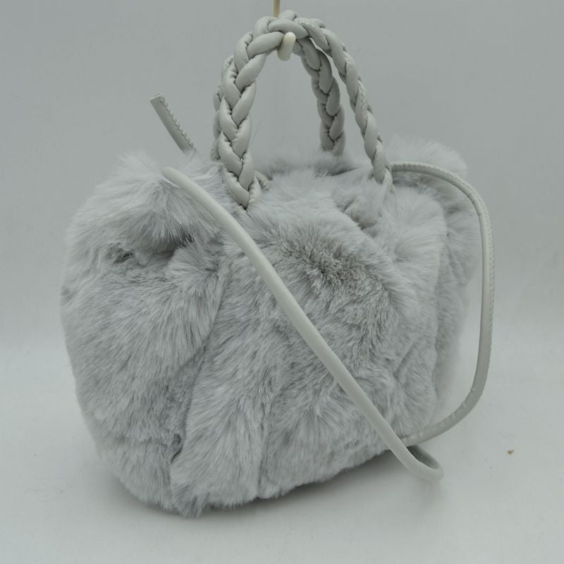 Plush Faux Fur Bucket Handbag with Braided Handles and Long Strap - Gray - Bucket Bag
