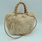 Plush Faux Fur Bucket Handbag with Braided Handles and Long Strap - Stone - Bucket Bag