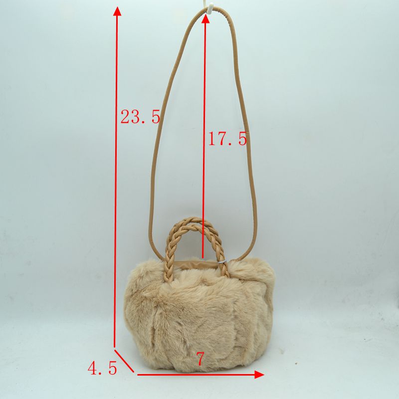 Plush Faux Fur Bucket Handbag with Braided Handles and Long Strap - Bucket Bag