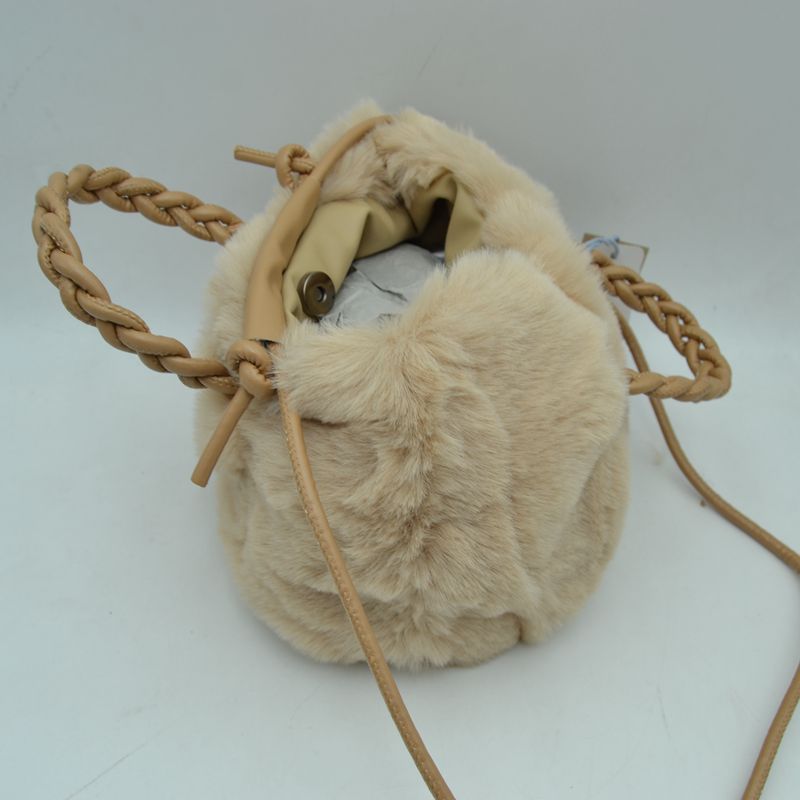 Plush Faux Fur Bucket Handbag with Braided Handles and Long Strap - Bucket Bag