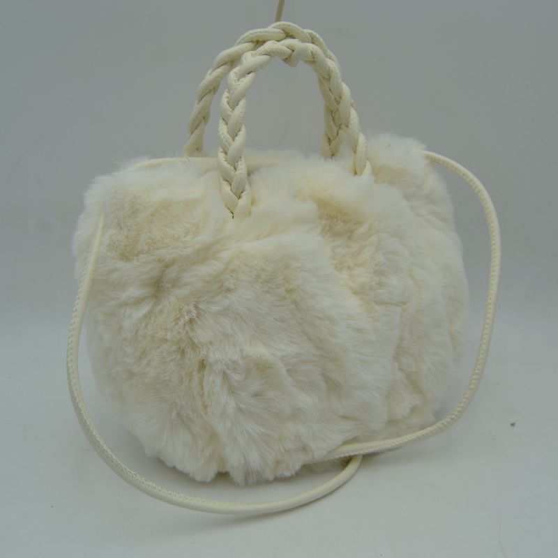 Plush Faux Fur Bucket Handbag with Braided Handles and Long Strap - Clear White - Bucket Bag