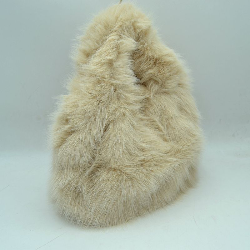 Fluffy Shaggy Plush Handbag with Integrated Top Handle - Beige - Handbags