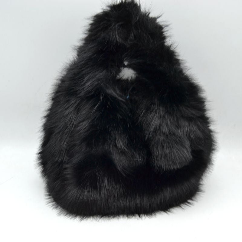 Fluffy Shaggy Plush Handbag with Integrated Top Handle - Black - Handbags