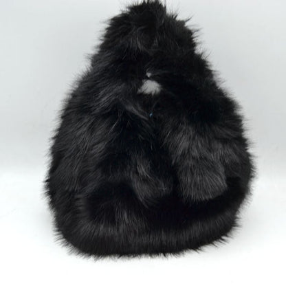 Fluffy Shaggy Plush Handbag with Integrated Top Handle - Black - Handbags
