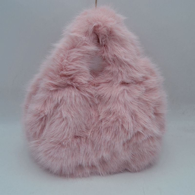 Fluffy Shaggy Plush Handbag with Integrated Top Handle - Blush - Handbags