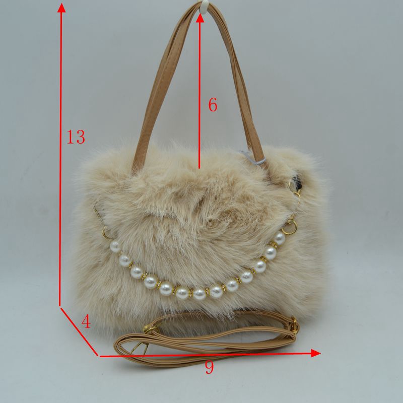 Plush Faux Fur Handbag with Pearl Bead Accent and Dual Straps - HandBag