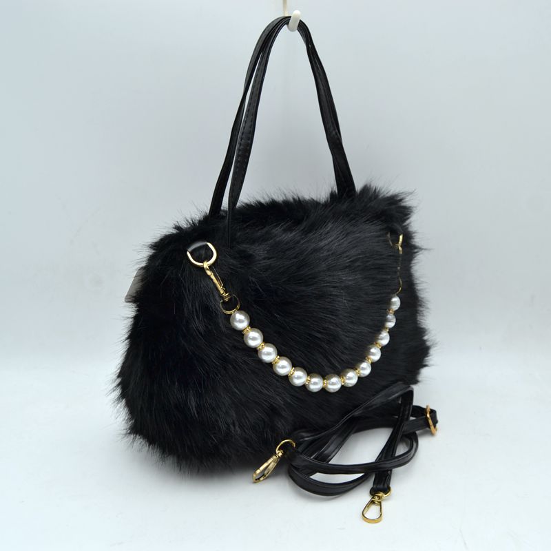 Plush Faux Fur Handbag with Pearl Bead Accent and Dual Straps - Black - HandBag