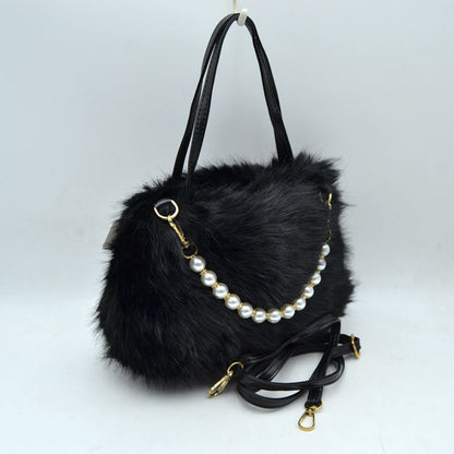 Plush Faux Fur Handbag with Pearl Bead Accent and Dual Straps - Black - HandBag