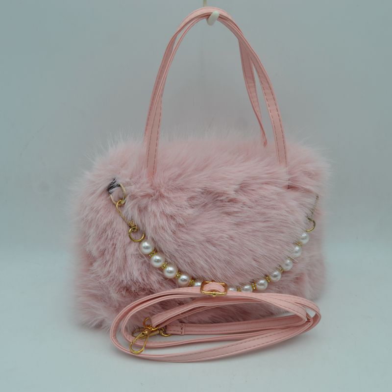 Plush Faux Fur Handbag with Pearl Bead Accent and Dual Straps - Blush - HandBag