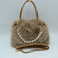 Plush Faux Fur Handbag with Pearl Bead Accent and Dual Straps - Coffee - HandBag