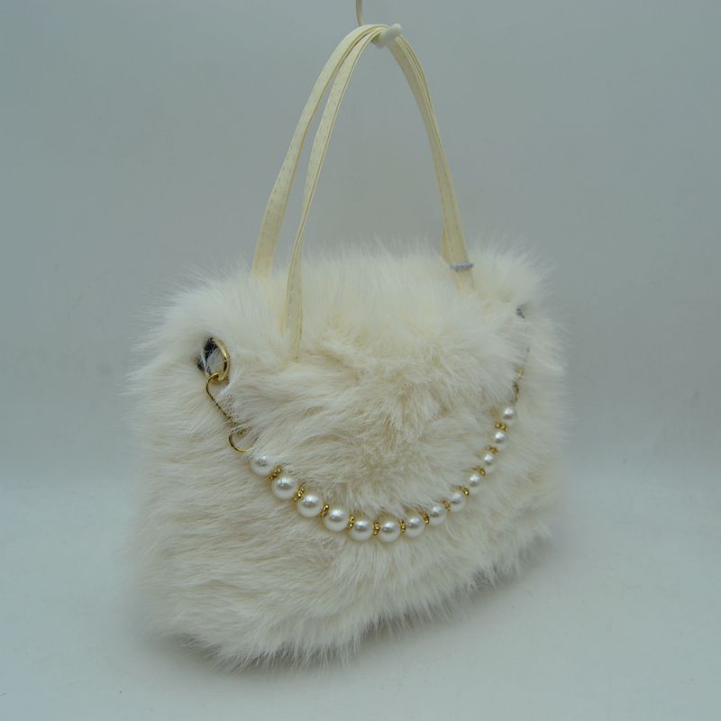 Plush Faux Fur Handbag with Pearl Bead Accent and Dual Straps - Clear White - HandBag