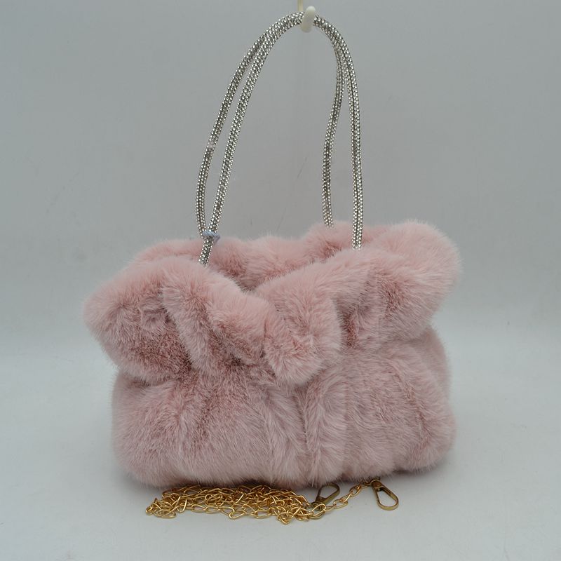 Plush Faux Fur Handbag with Rhinestone Handles and Chain Strap - Blush - HandBag