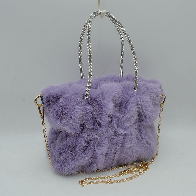 Plush Faux Fur Handbag with Rhinestone Handles and Chain Strap - Purple - HandBag