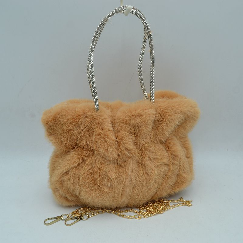 Plush Faux Fur Handbag with Rhinestone Handles and Chain Strap - Taupe - HandBag