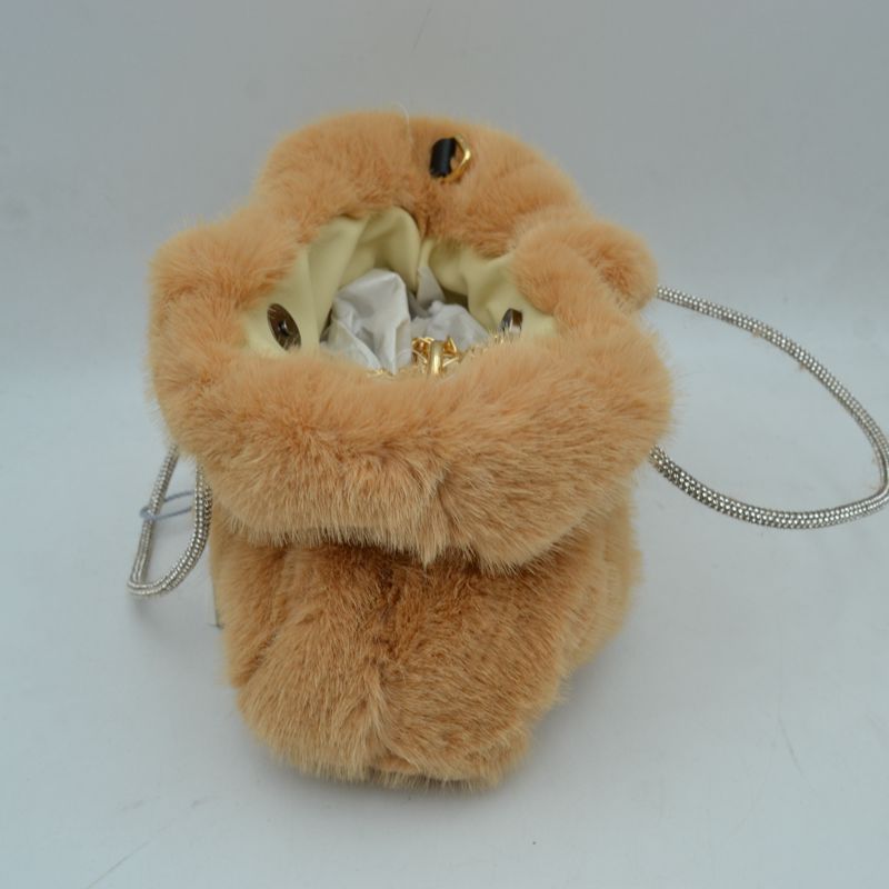 Plush Faux Fur Handbag with Rhinestone Handles and Chain Strap - HandBag