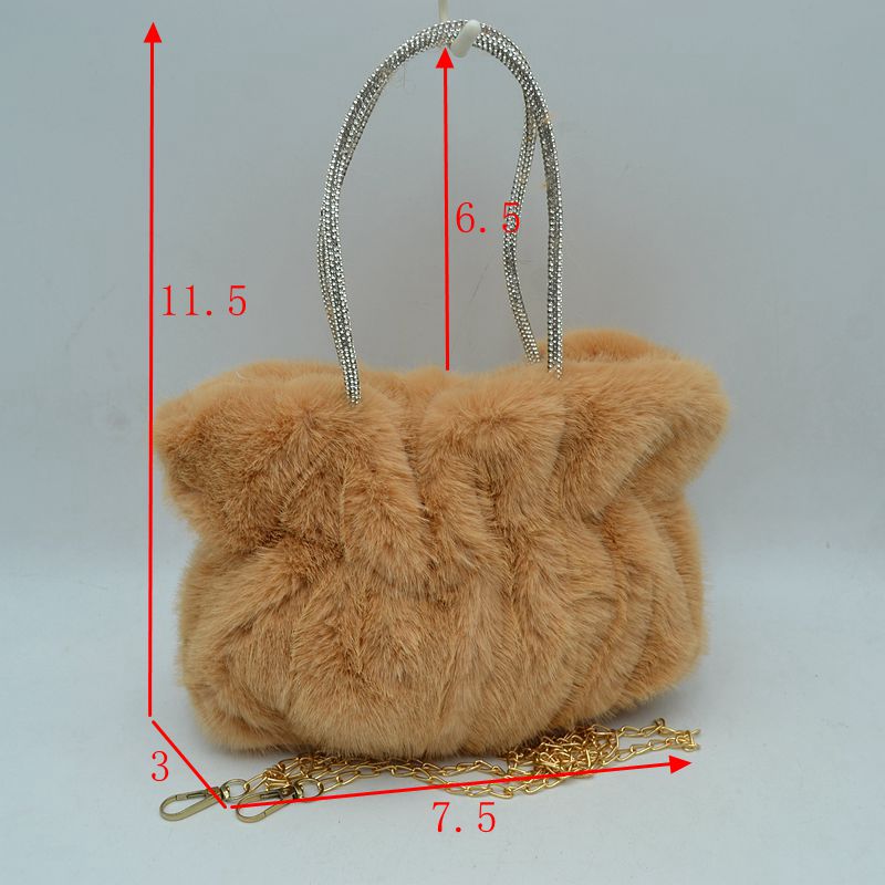 Plush Faux Fur Handbag with Rhinestone Handles and Chain Strap - HandBag