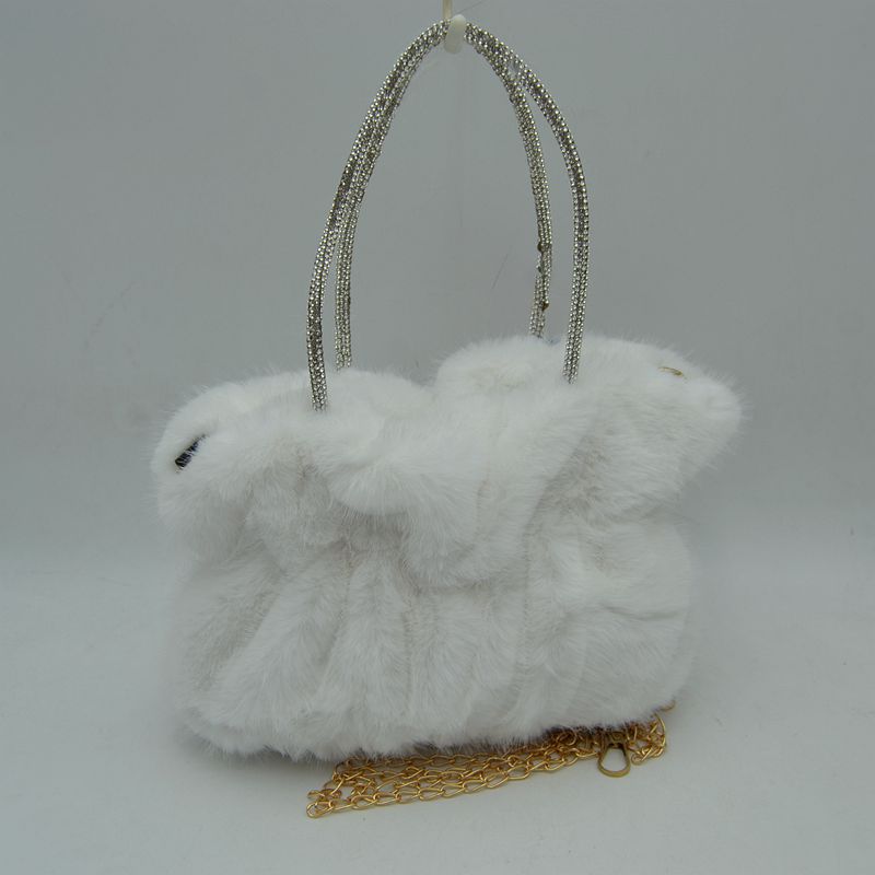 Plush Faux Fur Handbag with Rhinestone Handles and Chain Strap - Clear White - HandBag
