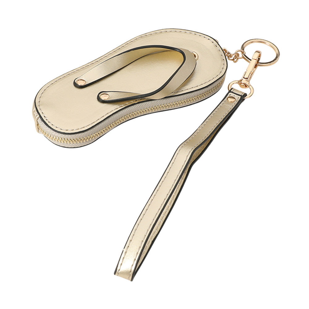 Gold Faux Leather Flip-flop Mini Wristlet Bag Charm Coin Purse offers a convenient and stylish way to carry your essentials. Made from durable faux leather, this mini wristlet bag doubles as a charm for your larger bag. Keep your coins, keys, or credit cards easily accessible with this sleek and functional accessory.