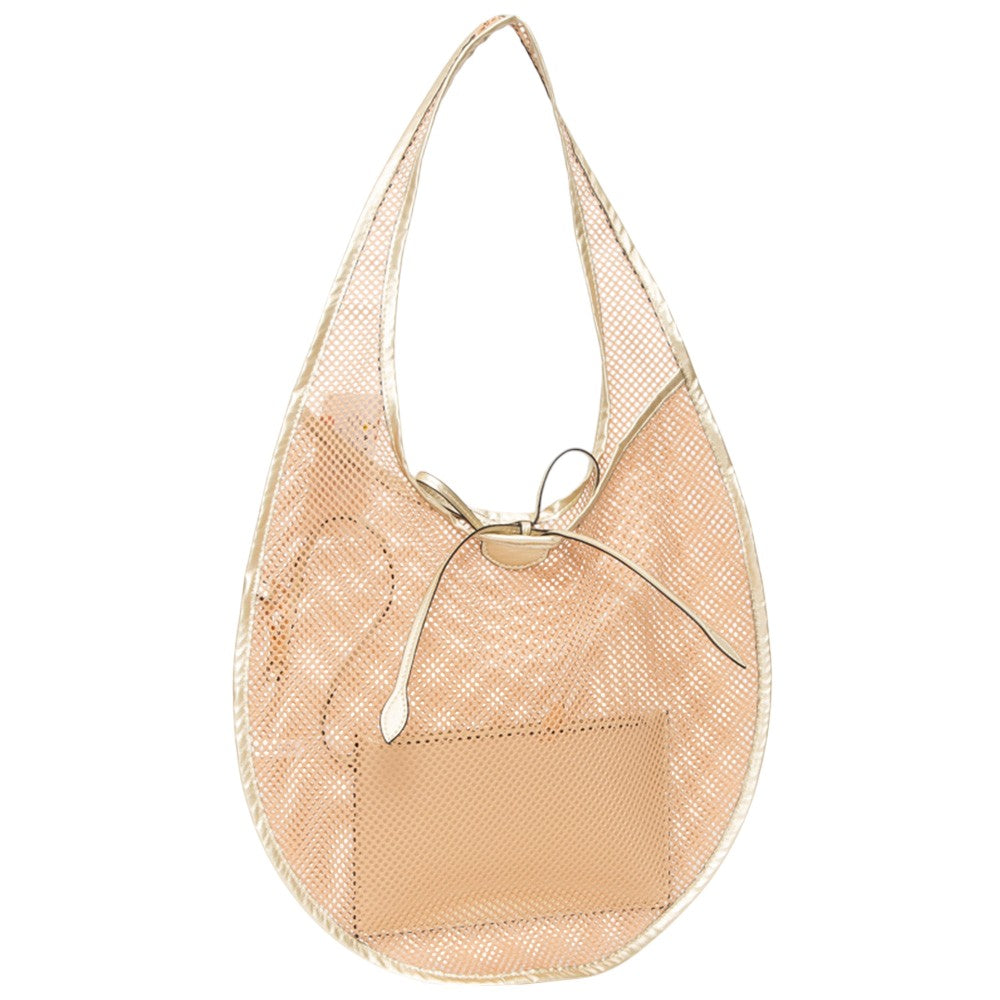 Gold Mesh Tote Bag is perfect for carrying all your essentials while also staying stylish. Made with durable and breathable mesh material, it is ideal for beach trips, picnics, and outdoor activities. Its lightweight design and spacious interior make it a must-have accessory for any adventure.