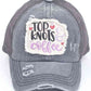 GRAY-C.C DISTRESSED TOP KNOTS AND COFFEE PATCH PONYCAP is an essential accessory for coffee lovers. Made with distressed fabric and a stylish top knot, it also features an embroidered coffee patch. Stay fashionable while showing off your love for coffee.