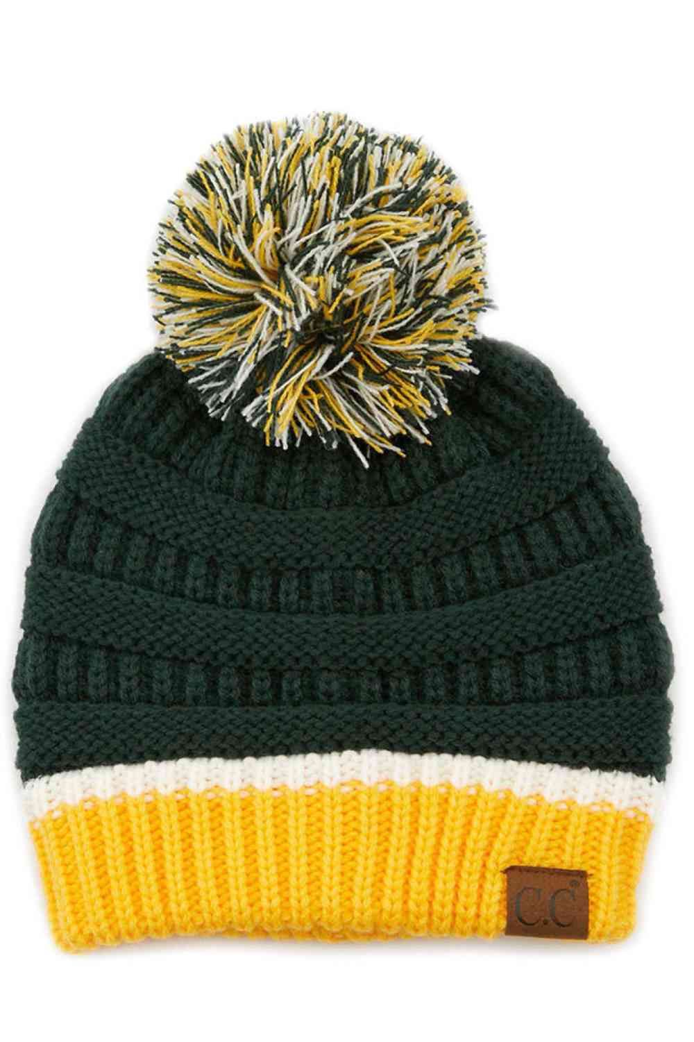 Green Gold The C.C Team Color Ribbed Beanie combines style and comfort in one versatile piece. Crafted from 100% acrylic, this beanie features a classic ribbed knit design with a playful pom on top, making it perfect for staying warm during chilly days.