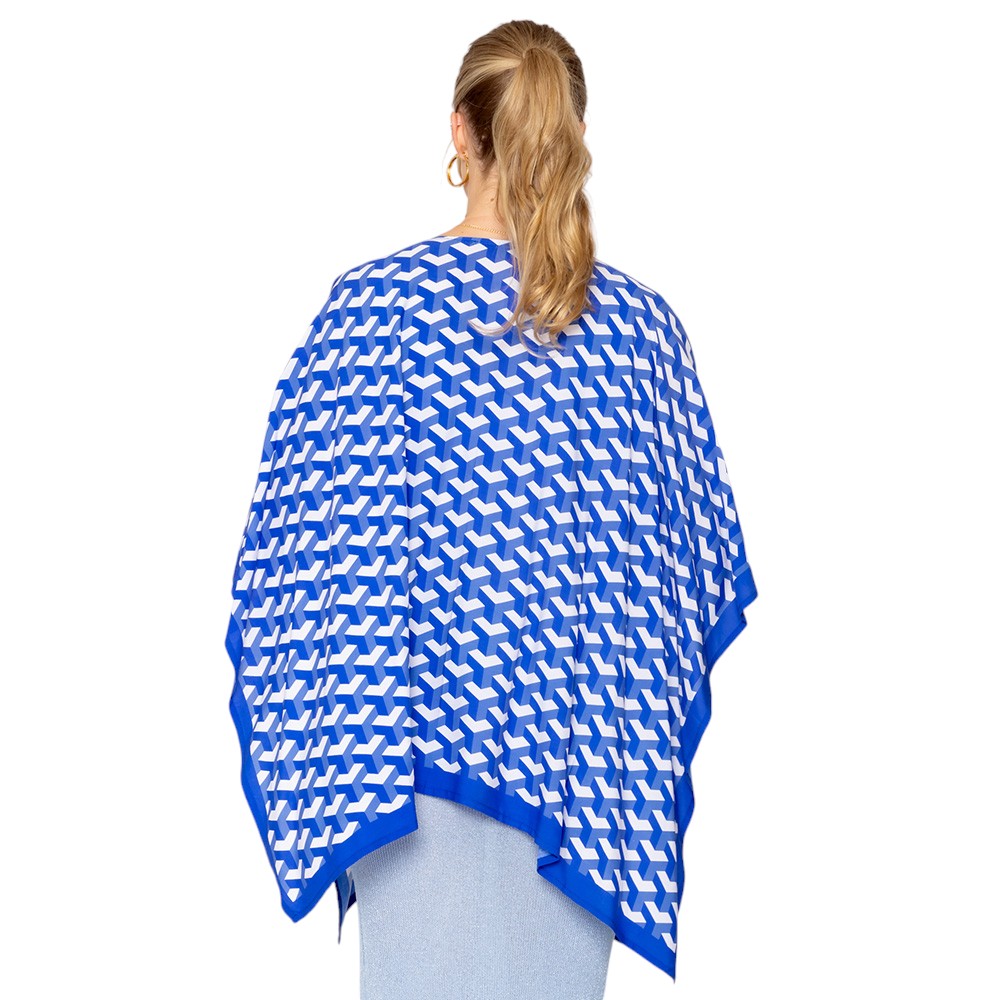 Blue Geometric Pattern Print Ruana Poncho is a must-have addition to your wardrobe. Crafted with a unique geometric pattern, this poncho adds a touch of modern style to any outfit. Made with high-quality materials, it provides both comfort and durability. Perfect for any occasion, this versatile piece is a statement piece you won't miss out on. 
