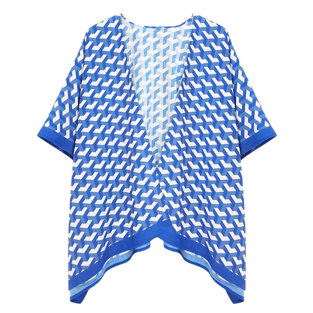 Blue Geometric Pattern Print Ruana Poncho is a must-have addition to your wardrobe. Crafted with a unique geometric pattern, this poncho adds a touch of modern style to any outfit. Made with high-quality materials, it provides both comfort and durability. Perfect for any occasion, this versatile piece is a statement piece you won't miss out on. 