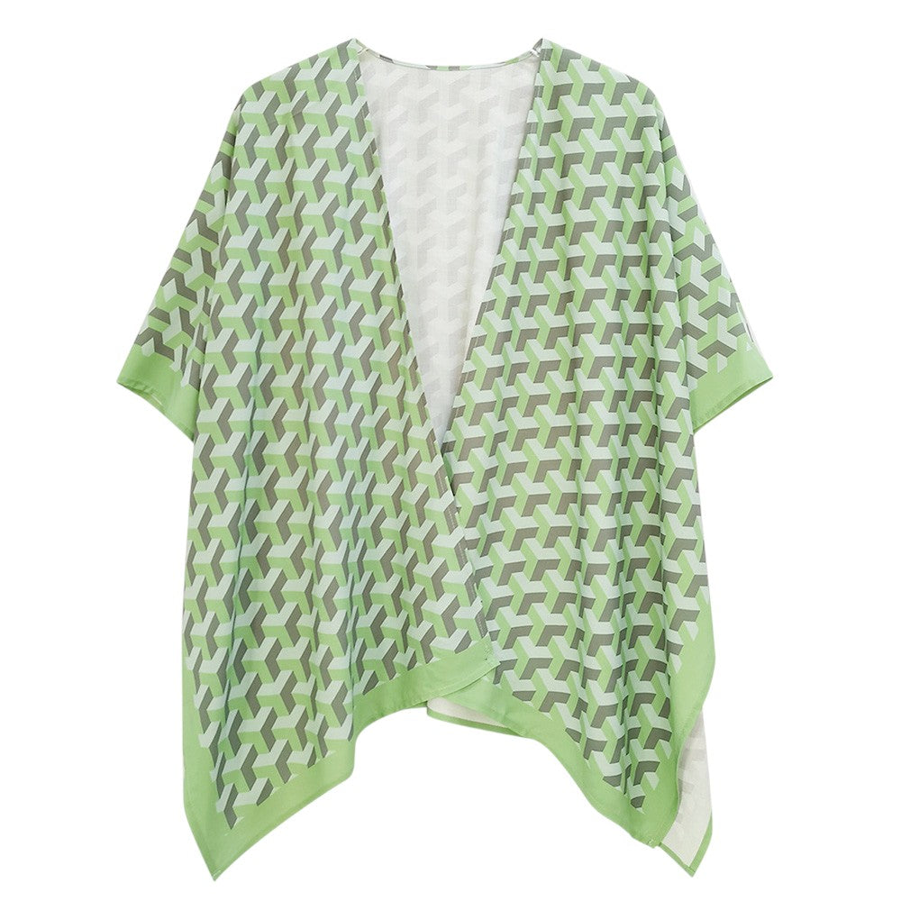 Green Geometric Pattern Print Ruana Poncho is a must-have addition to your wardrobe. Crafted with a unique geometric pattern, this poncho adds a touch of modern style to any outfit. Made with high-quality materials, it provides both comfort and durability. Perfect for any occasion, this versatile piece is a statement piece you won't miss out on. 