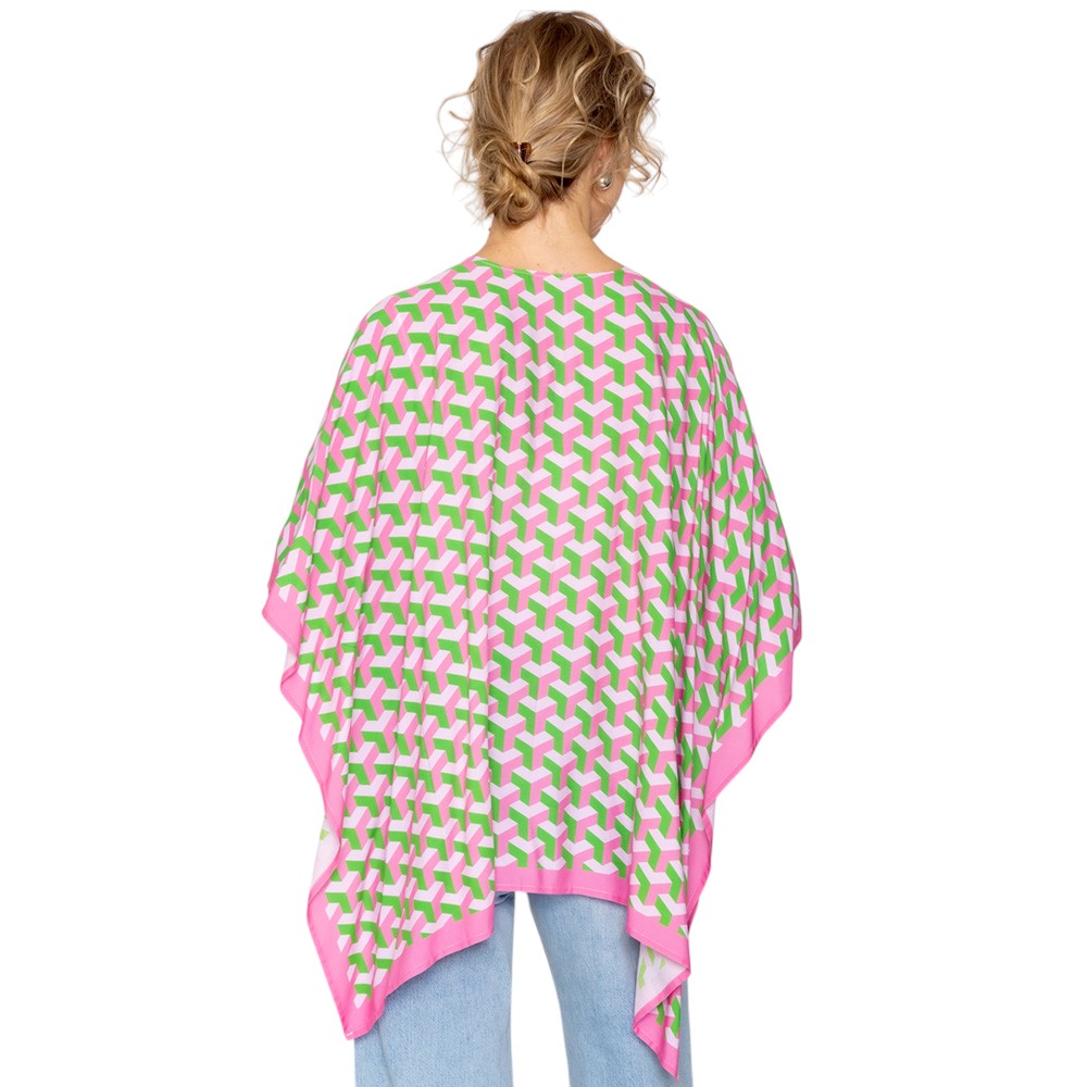 Pink Geometric Pattern Print Ruana Poncho is a must-have addition to your wardrobe. Crafted with a unique geometric pattern, this poncho adds a touch of modern style to any outfit. Made with high-quality materials, it provides both comfort and durability. Perfect for any occasion, this versatile piece is a statement piece you won't miss out on. 