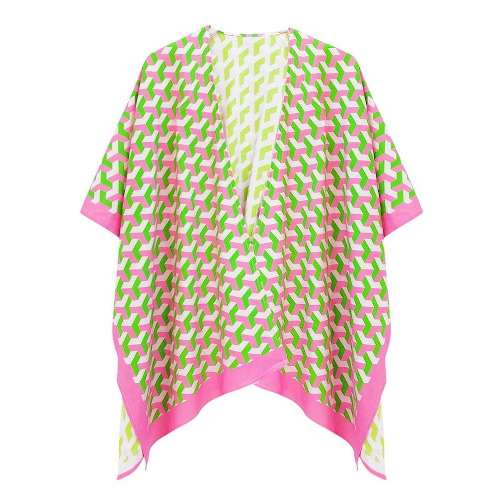 Pink Geometric Pattern Print Ruana Poncho is a must-have addition to your wardrobe. Crafted with a unique geometric pattern, this poncho adds a touch of modern style to any outfit. Made with high-quality materials, it provides both comfort and durability. Perfect for any occasion, this versatile piece is a statement piece you won't miss out on. 