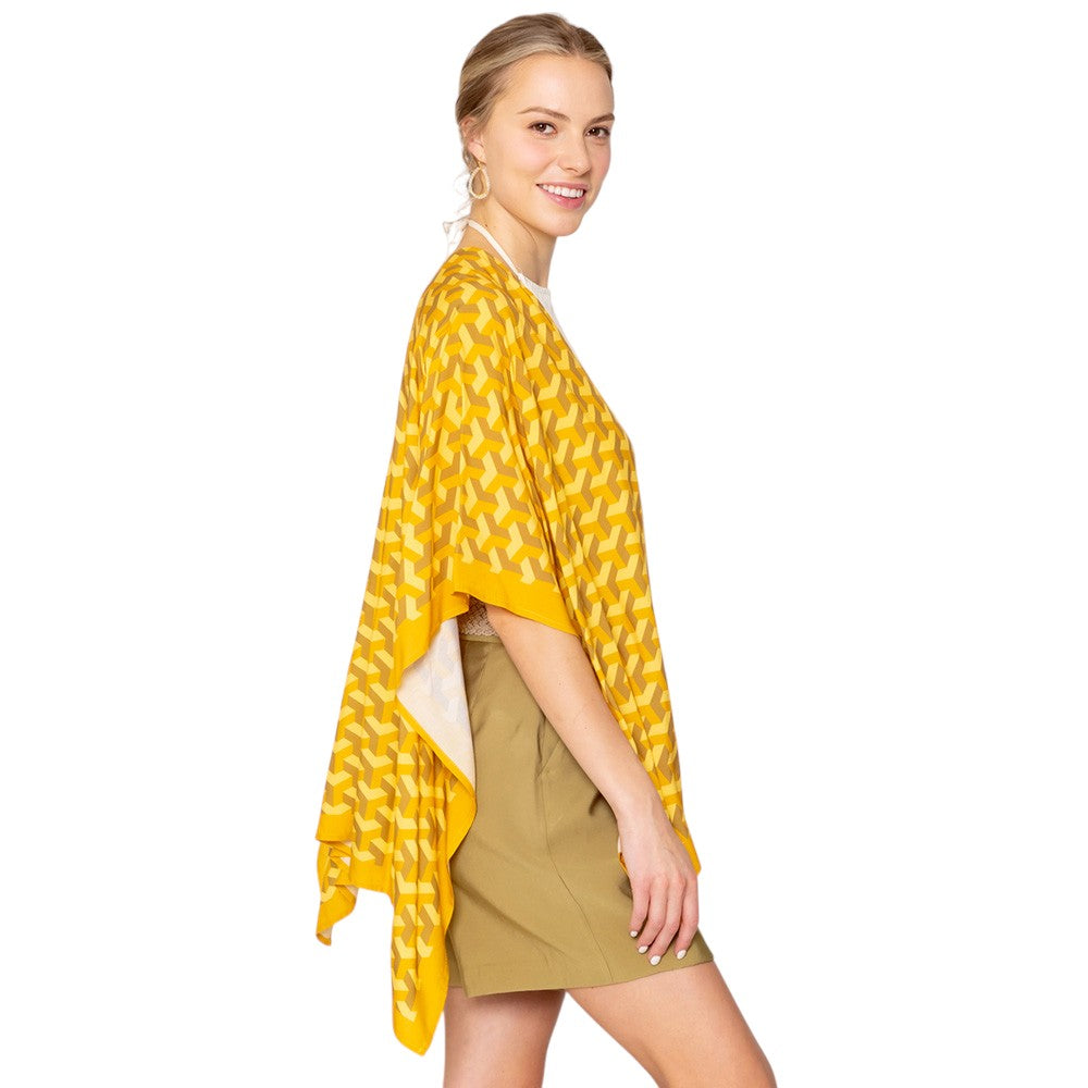 yellow  Geometric Pattern Print Ruana Poncho is a must-have addition to your wardrobe. Crafted with a unique geometric pattern, this poncho adds a touch of modern style to any outfit. Made with high-quality materials, it provides both comfort and durability. Perfect for any occasion, this versatile piece is a statement piece you won't miss out on. 