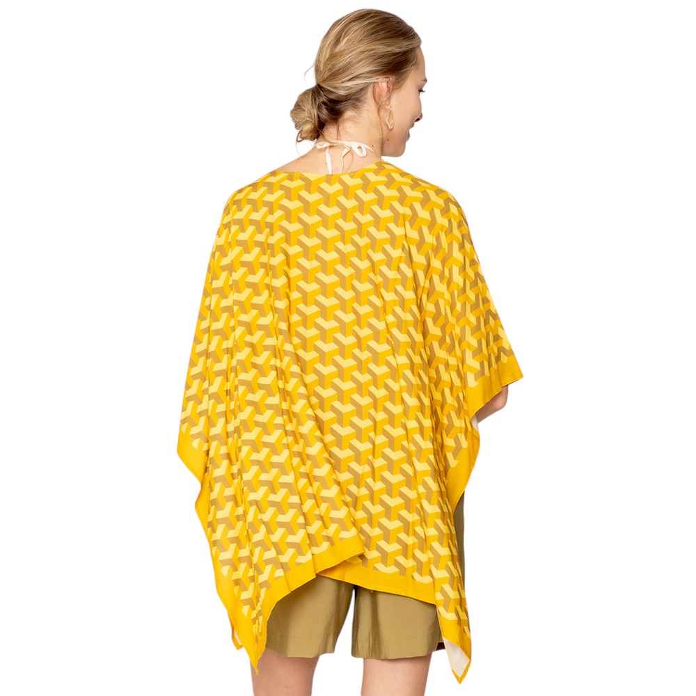 yellow  Geometric Pattern Print Ruana Poncho is a must-have addition to your wardrobe. Crafted with a unique geometric pattern, this poncho adds a touch of modern style to any outfit. Made with high-quality materials, it provides both comfort and durability. Perfect for any occasion, this versatile piece is a statement piece you won't miss out on. 