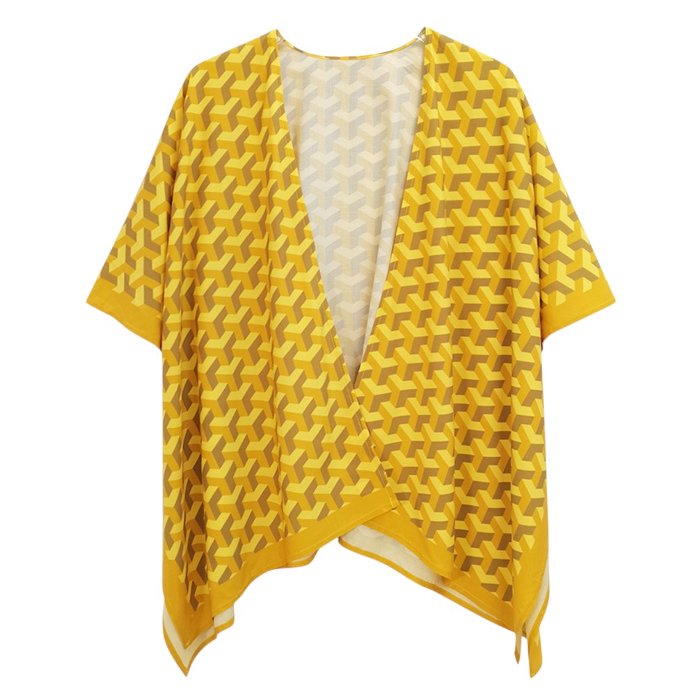 yellow  Geometric Pattern Print Ruana Poncho is a must-have addition to your wardrobe. Crafted with a unique geometric pattern, this poncho adds a touch of modern style to any outfit. Made with high-quality materials, it provides both comfort and durability. Perfect for any occasion, this versatile piece is a statement piece you won't miss out on. 