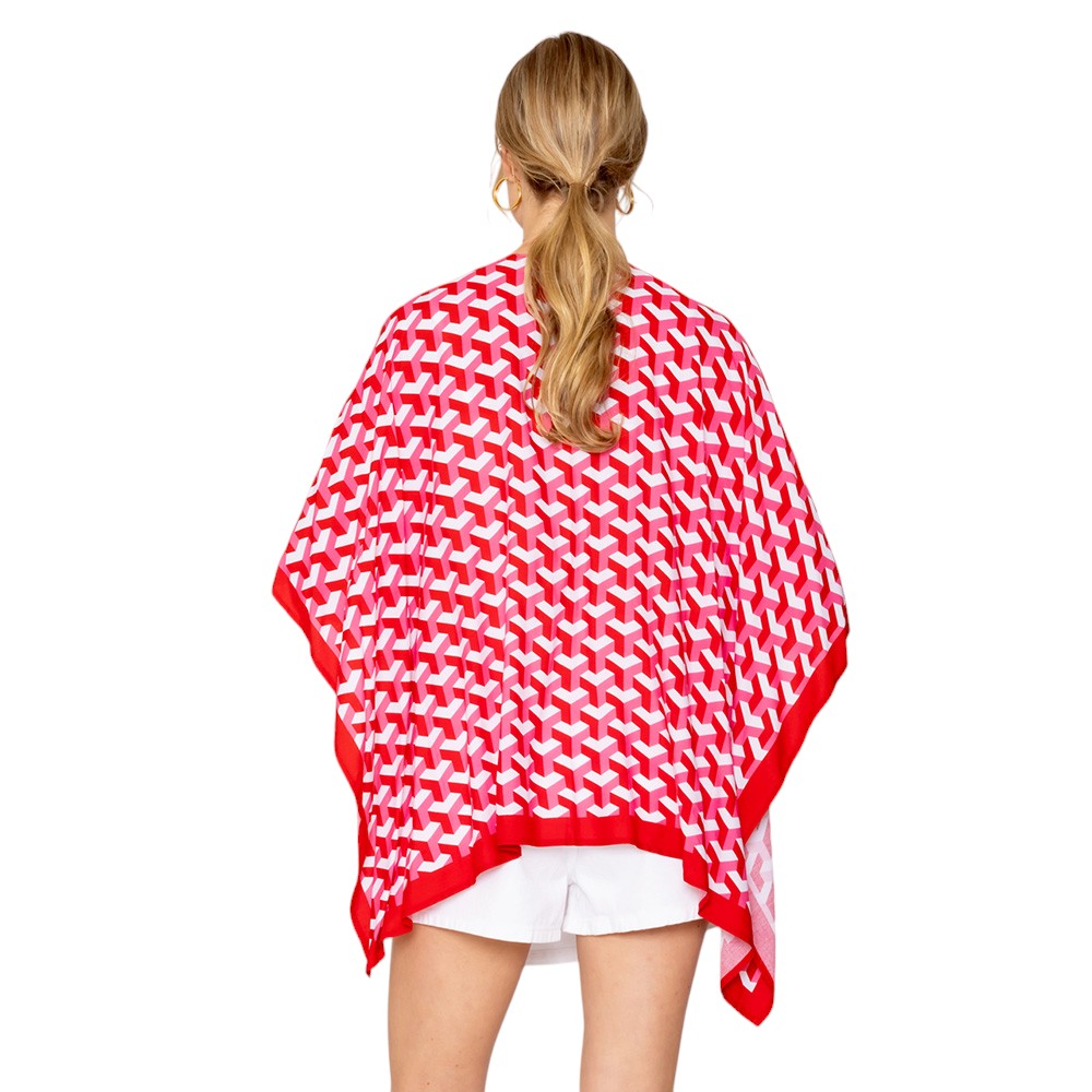 Red  Geometric Pattern Print Ruana Poncho is a must-have addition to your wardrobe. Crafted with a unique geometric pattern, this poncho adds a touch of modern style to any outfit. Made with high-quality materials, it provides both comfort and durability. Perfect for any occasion, this versatile piece is a statement piece you won't miss out on. 