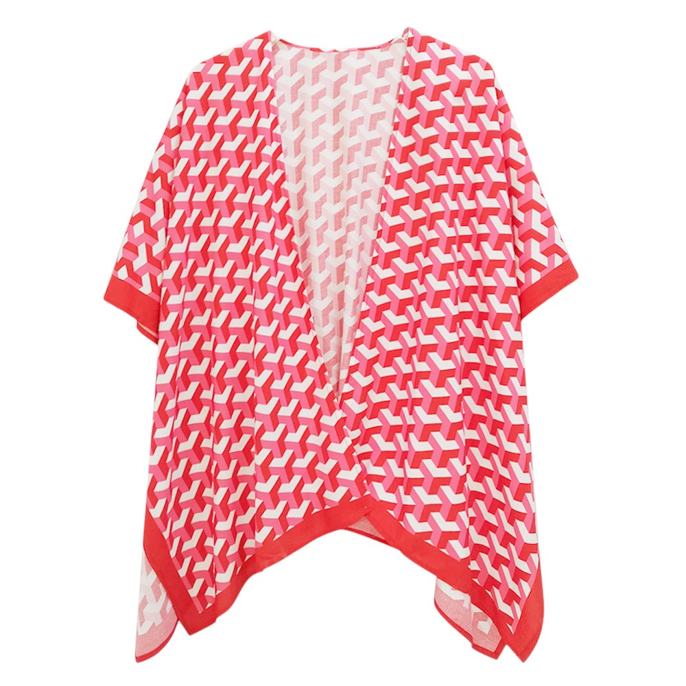 Red  Geometric Pattern Print Ruana Poncho is a must-have addition to your wardrobe. Crafted with a unique geometric pattern, this poncho adds a touch of modern style to any outfit. Made with high-quality materials, it provides both comfort and durability. Perfect for any occasion, this versatile piece is a statement piece you won't miss out on. 