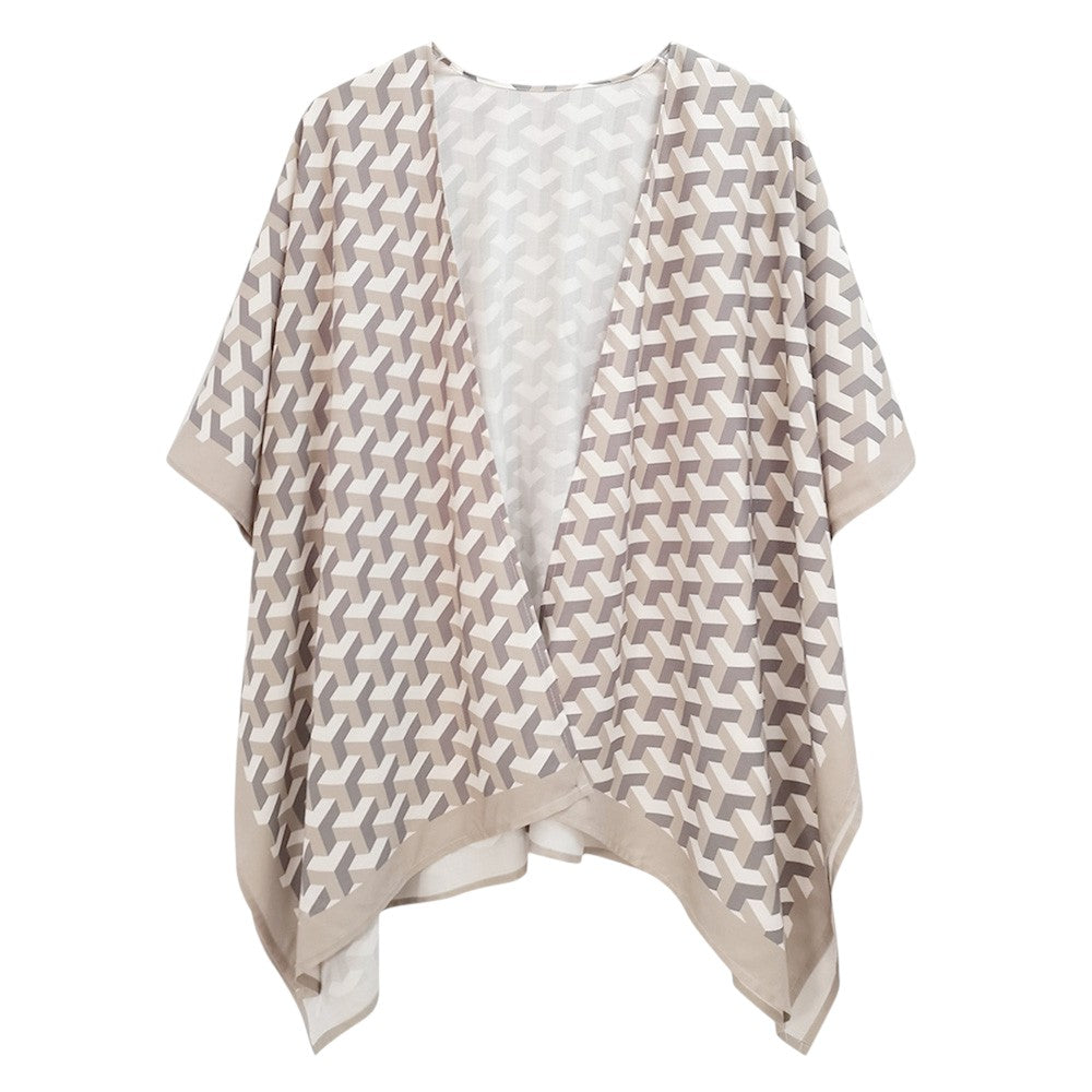 Beige Geometric Pattern Print Ruana Poncho is a must-have addition to your wardrobe. Crafted with a unique geometric pattern, this poncho adds a touch of modern style to any outfit. Made with high-quality materials, it provides both comfort and durability. Perfect for any occasion, this versatile piece is a statement piece you won't miss out on. 