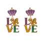 Glittered Enamel Mardi Gras LOVE Message Dangle Earrings are the perfect accessory for any Mardi Gras celebration. The glittered enamel adds a subtle sparkle, while the dangle design creates a playful, eye-catching look. Show your love for Mardi Gras in style with these vibrant earrings.