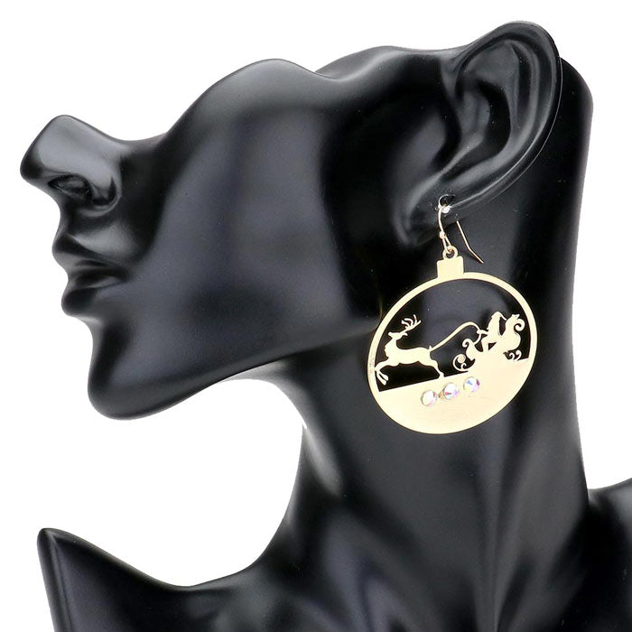 Gold---Stone Embellished Cut Out Santa Claus Brass Metal Round Dangle Earrings, A beautiful stone embellishment and cut-out design, making them the perfect festive accessory. The stones add a touch of sparkle to your holiday outfit, while the cut-out design adds a unique and charming touch. 