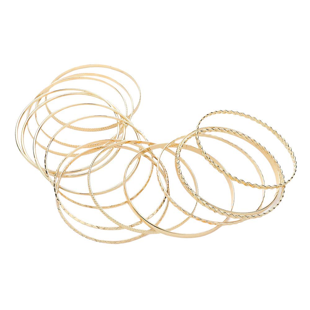Gold 15PCS Layered Multi Metal Bangle Bracelets, Get ready to layer up with these 15 playful and unique Multi Metal Bangle Bracelets! The perfect addition to any outfit, these bracelets will add a touch of quirkiness and fun to your look. Mix and match to create a statement or wear individually for a simple stylish touch.