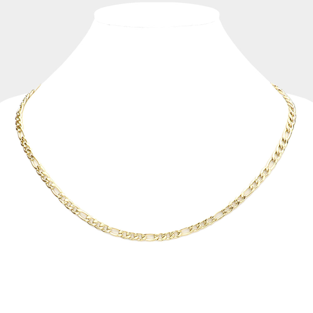Gold 16 inch, 4mm Stainless Steel Figaro Chain Necklace is a sleek and durable accessory for any outfit. Made from high-quality stainless steel, it offers both strength and style. Its 16-inch length is perfect for everyday wear, while the 4mm thickness adds subtle dimension. Elevate your look with this classic and versatile chain.