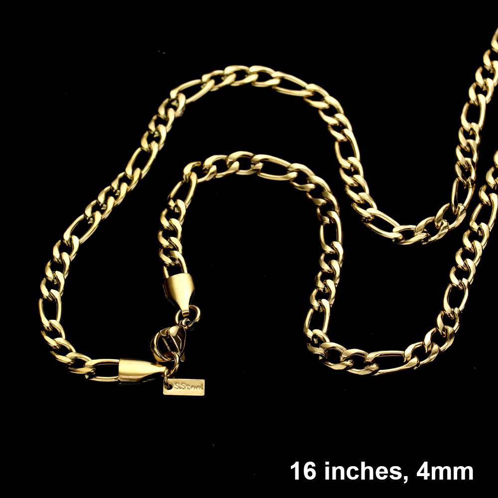 Gold 16 inch, 4mm Stainless Steel Figaro Chain Necklace is a sleek and durable accessory for any outfit. Made from high-quality stainless steel, it offers both strength and style. Its 16-inch length is perfect for everyday wear, while the 4mm thickness adds subtle dimension. Elevate your look with this classic and versatile chain.