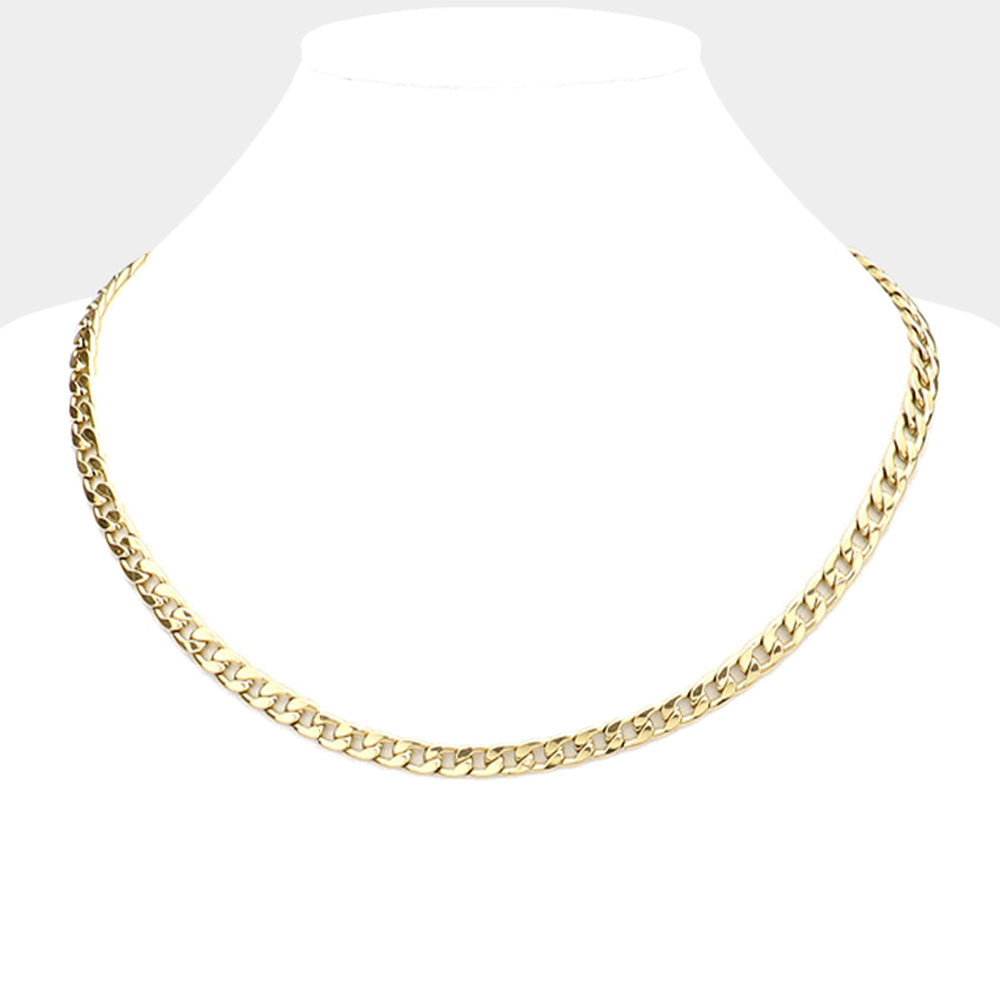 Gold 16 INCH, 5mm Stainless Steel Cuban Chain Necklace is a versatile and durable accessory for any style. Made of high-quality stainless steel, it is resistant to tarnishing and comfortable to wear. The 5mm width adds a sleek and modern touch. Elevate your look with this expertly crafted chain.