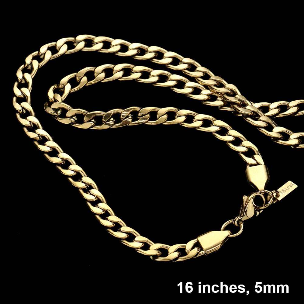 Gold 16 INCH, 5mm Stainless Steel Cuban Chain Necklace is a versatile and durable accessory for any style. Made of high-quality stainless steel, it is resistant to tarnishing and comfortable to wear. The 5mm width adds a sleek and modern touch. Elevate your look with this expertly crafted chain.